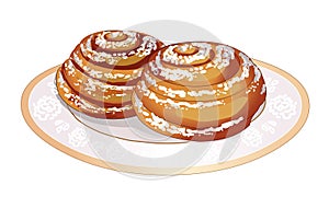 Soft sweet bun, rolled spirally, and sprinkle with powdered sugar on plate. Fresh hot cakes. Cooking. Dessert to tea. Vector.