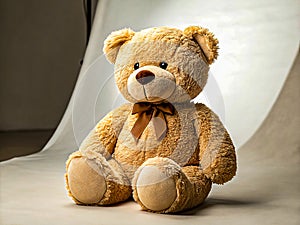 Soft teddy bear sitting on a plain surface, showcasing its plush texture