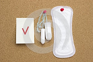 Soft tender protection for woman critical days, gynecological menstruation cycle. Menstruation sanitary pad and cotton tampons pin