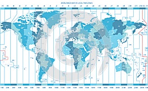 Soft tints of blue worldwide map of local time zones photo