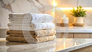 Soft towels arranged on marble surface with diffused lighting