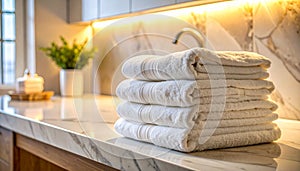 Soft towels arranged on marble surface with diffused lighting