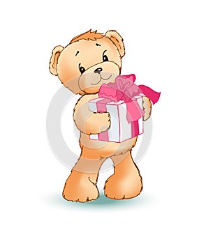 Soft Toy Bear Holds Gift Box with Pink Bow on It
