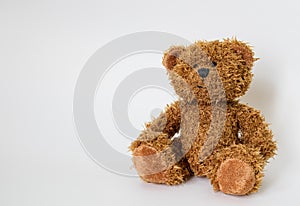 The soft toy bear sits on a white background