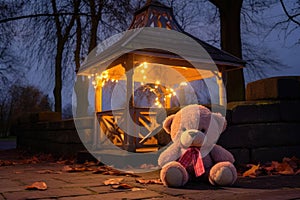 a soft toy bear sitting on the parks stone wall with a lit-up gazebo behind