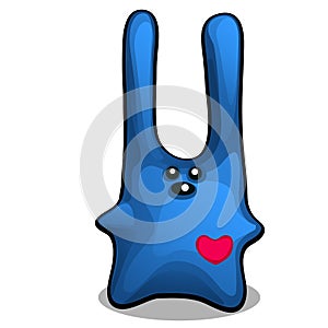 Soft toy in the form of a blue rabbit with long ears is filled with padding polyester, isolated on white background
