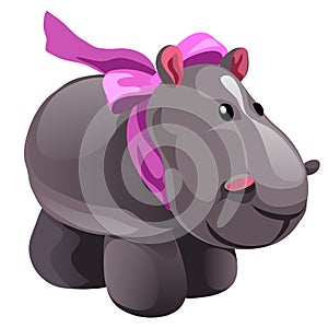 Soft toy plush grey Hippo with pink bow isolated on white background. Vector cartoon close-up illustration.