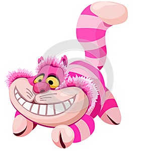 Soft toy plush striped smiling cat isolated on white background. Vector cartoon close-up illustration.