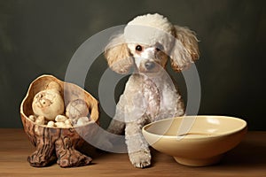 a soft toy poodle next to a pet bowl with a bone-shaped biscuit