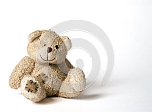 The soft toy teddy-bear sits on a bright background