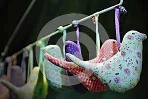 Soft toys in the form of colored birds hang photo