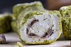 soft Turkish delight confection with pistachio nuts and chocolate