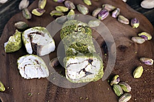 soft Turkish delight confection with pistachio nuts and chocolate