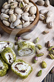 soft Turkish delight confection with pistachio nuts and chocolate