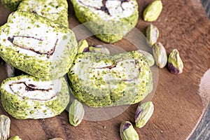 soft Turkish delight confection with pistachio nuts and chocolate