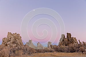 Soft twilight colors behind limestone tufa formations near a Mono Lake, California