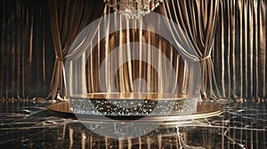 The soft velvety texture of the curtain complements the sharp edges of the diamond encrusted podium blending opulence