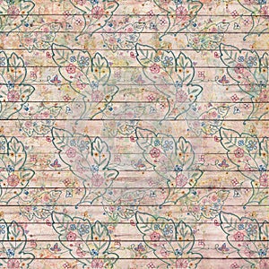 Soft vintage antique distressed shabby floral pattern background on wood