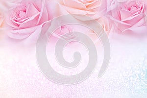 Soft vintage roses flower frame with glitter background and copy space