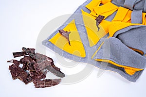 Soft washable textile training snuffle mat for nose work for pet. Intellectual games with pet.