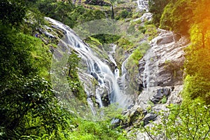 Soft water of the stream in the natural park, Beautiful waterfall in rain forest