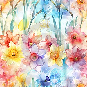 Soft Watercolor Dreams: Tulips and Daffodils in Pastel Wash