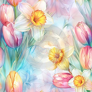 Soft Watercolor Dreams: Tulips and Daffodils in Pastel Wash