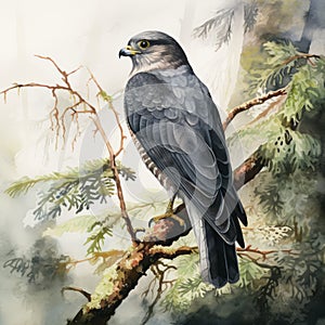 Soft Watercolor Illustration Of Crow Levant Sparrowhawk In Nature