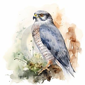 Soft Watercolor Illustration Of Falcon In Detailed Landscape