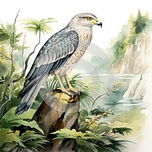 Soft Watercolor Illustration Of Heron Levant Sparrowhawk In Nature