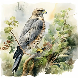 Soft Watercolor Illustration Of Merlin On Branch With Flower