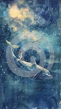 A soft watercolor masterpiece showing a girl on a whale, journeying through a starlit night sky.AI Generate