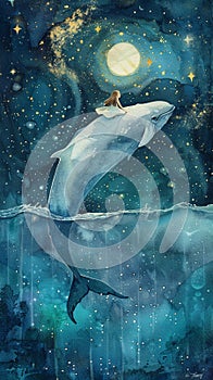 Soft watercolors depict a young girl atop a whale, sailing through a starfilled night sky, magical.AI Generate photo