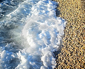 Soft wave of blue ocean on beach.