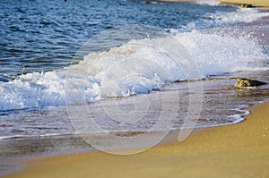 Soft wave hitting sandy beach under bright sunny day