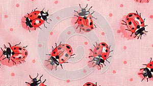 A soft and whimsical fabric with a pattern of ladybugs on a pastel pink background.