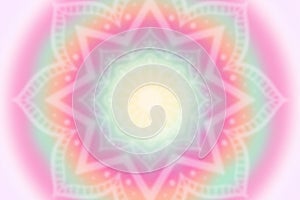 Soft white star mandala on pastel retro, pink, green, orange aura, energy field - grainy gradient background