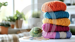 Soft woolen yarns with knitting needles and sweater on white table indoors