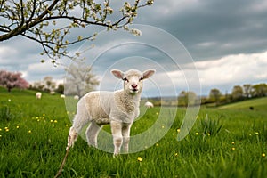 A baby lamb in a field in the spring