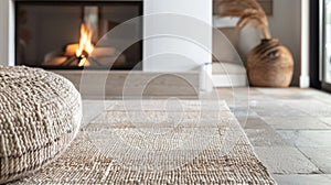 The soft woven rug adds texture and warmth to the cool tiled floor in front of the fireplace. 2d flat cartoon