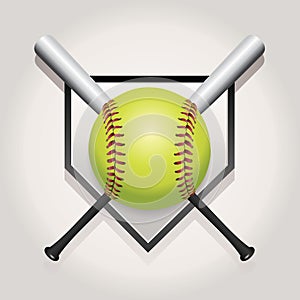 Softball, Bat, and Homeplate Emblem Illustration