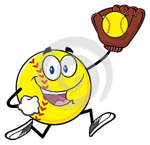 Softball Cartoon Character Running With Glove And Ball