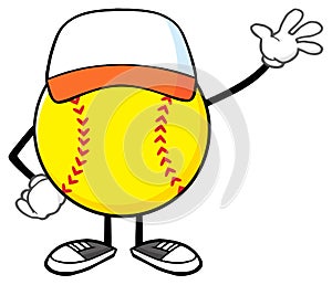 Softball Faceless Cartoon Mascot Character With Hat Waving For Greeting