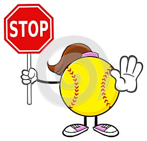 Softball Girl Faceless Cartoon Mascot Character Gesturing And Holding A Stop Sign.