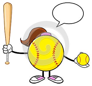 Softball Girl Faceless Cartoon Mascot Character Holding A Bat And Ball With Speech Bubble