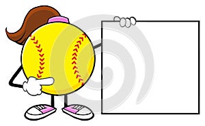 Softball Girl Faceless Cartoon Mascot Character Pointing To A Banner Blank Sign.