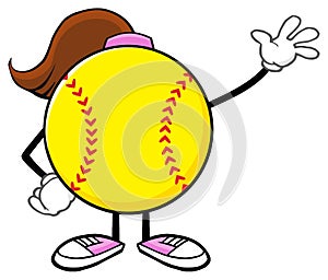 Softball Girl Faceless Cartoon Mascot Character Waving For Greeting.