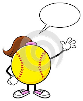 Softball Girl Faceless Cartoon Mascot Character Waving For Greeting With Speech Bubble