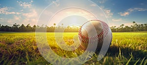 Softball on the green grass, close-up. AI generated high quality illustration