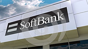 SoftBank logo on the modern building facade. Editorial 3D rendering